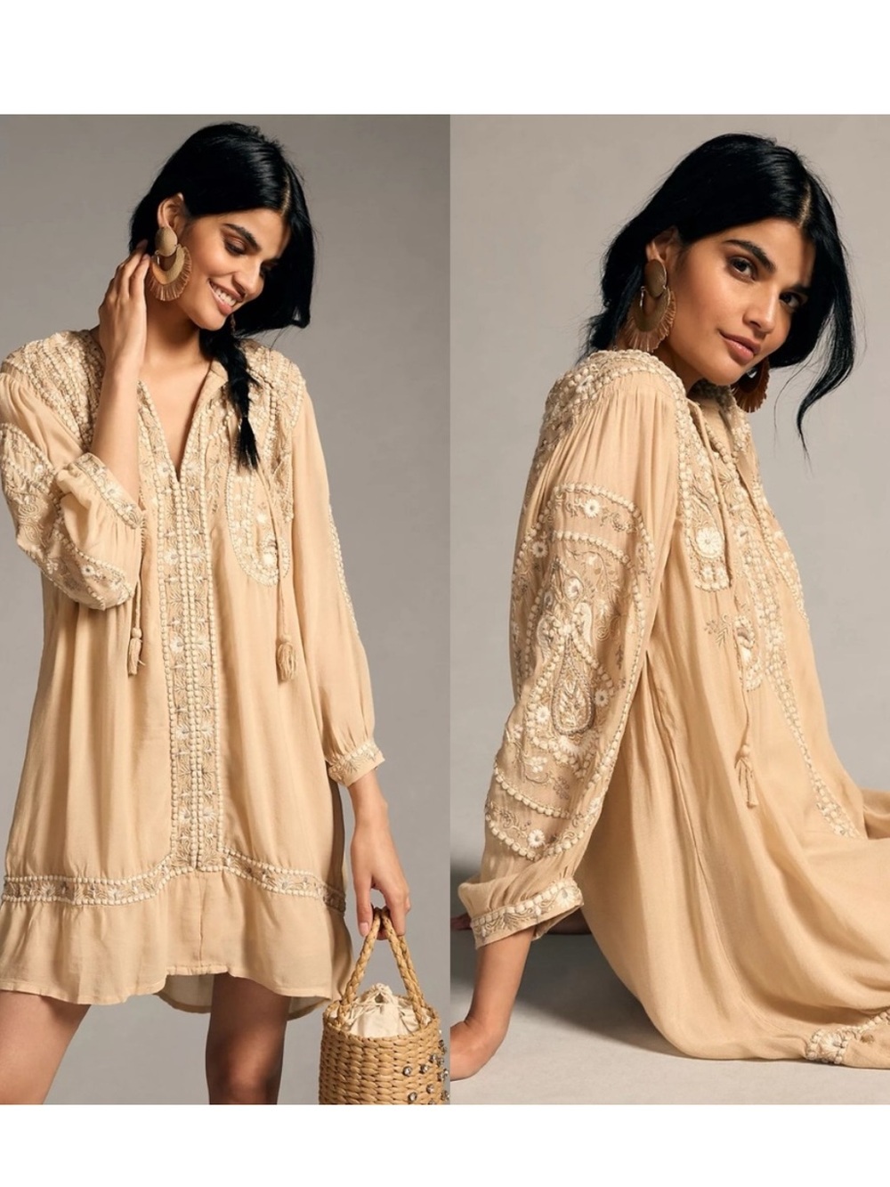 By Anthropologie Deco Embroidered Tunic Dress Cream Tan